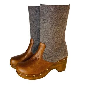 KMB Perdido Womens Wedge Boots Felt Leather Clog Heel Studded Tall Boots Size 41